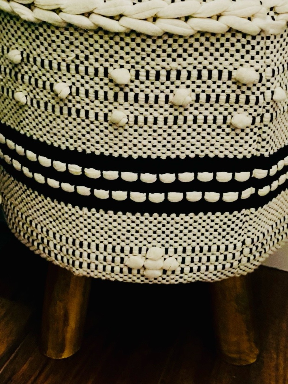 Handcrafted woven boho black and cream Pom Pom wood legs stool seat table NWT - Picture 10 of 14